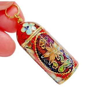 Vintage Cloisonné Enamel on Brass Pendant Cylinder Screw Top Red & Black Floral